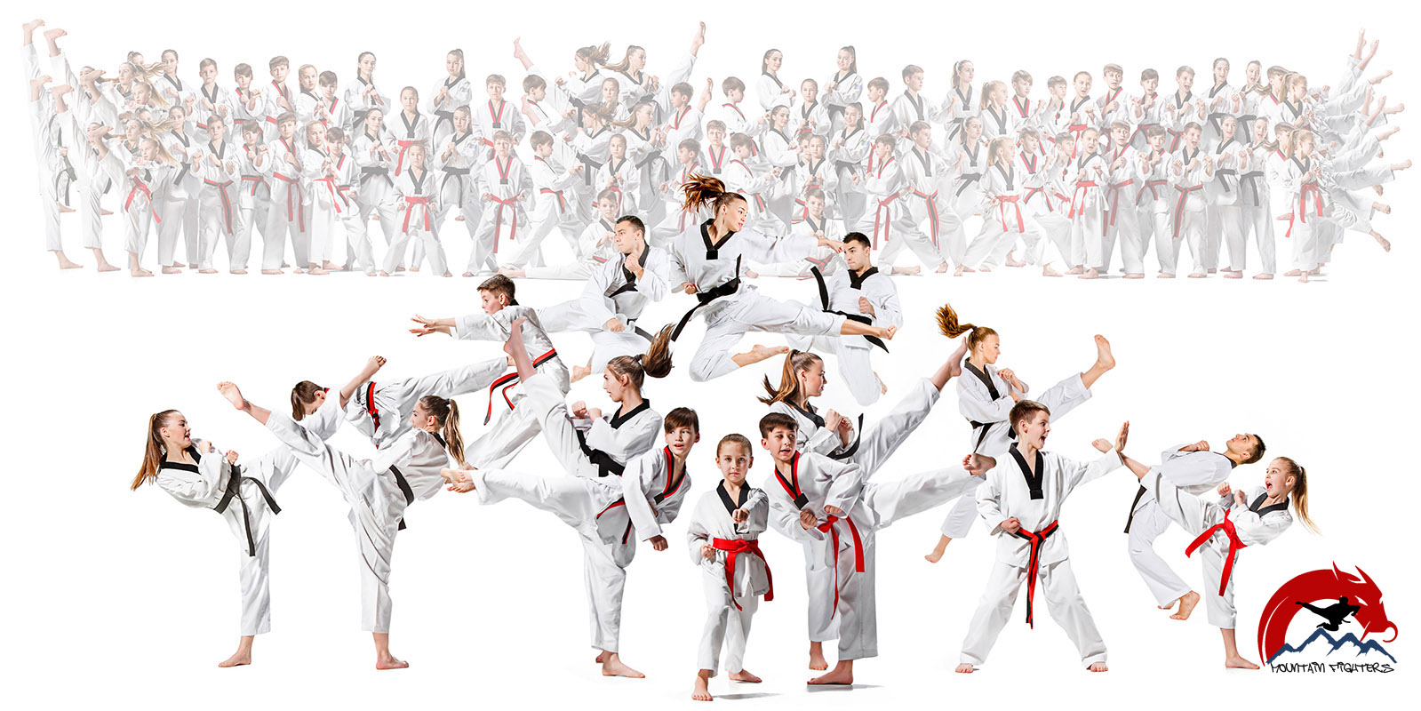The collage about group of kids training karate martial arts